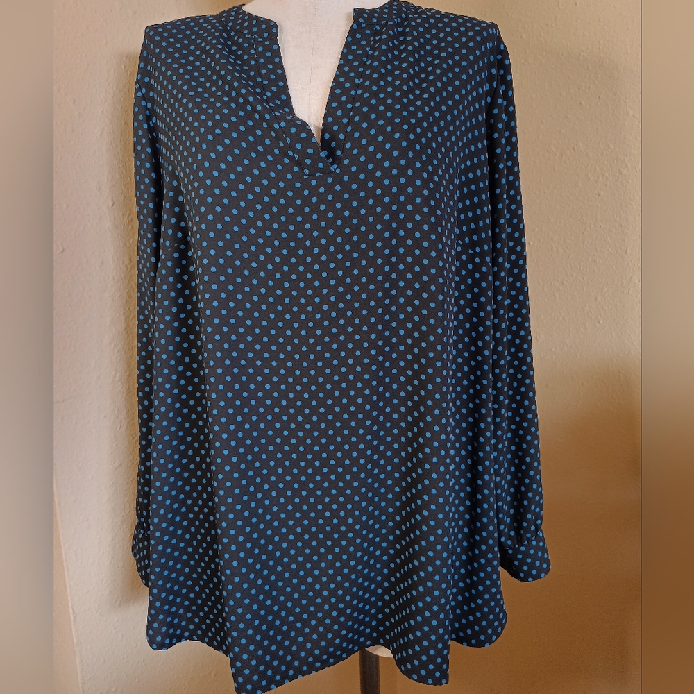 Anne Klein Black with Blue Polka Dots Long Sleeve Blouse XL XXL - Picture 10 of 11